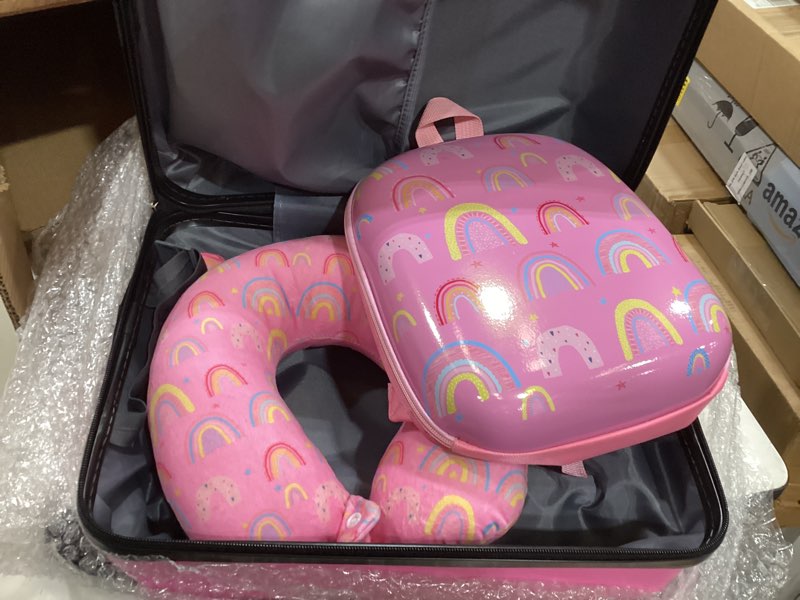 Condition photo showing Good Condition for sanwuta 4 pcs kids luggage set rolling suitcase backpack u-shaped pillow kids carry on gift for summer travel family trip(17 inch,rainbow style,pink) 17 inch rainbow style rainbow pink