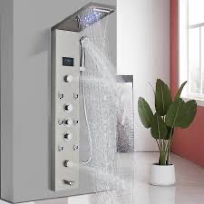 Bathroom Shower Panel Tower System LED Temperature Display Body Massage Jets Shower Set Waterfall Rain Shower Head 6 Functions Temperature