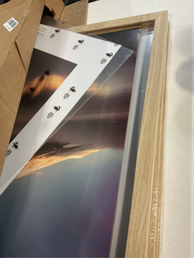 Condition photo showing As Is for 16x20 poster frame, display pictures 11x14 with mat or 16x20 without, wall hanging frames, natural oak, 3 pack natural oak 16x20