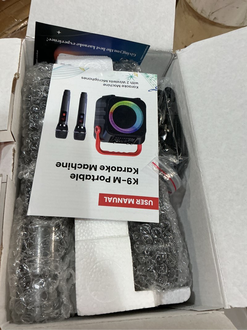 Condition photo showing New/Like New for karaoke machine, portable bluetooth speaker with 2 wireless microphones for adults & kids with lights, karaoke microphone with pa system supports usb/tf/fm/aux for home party home system packages black