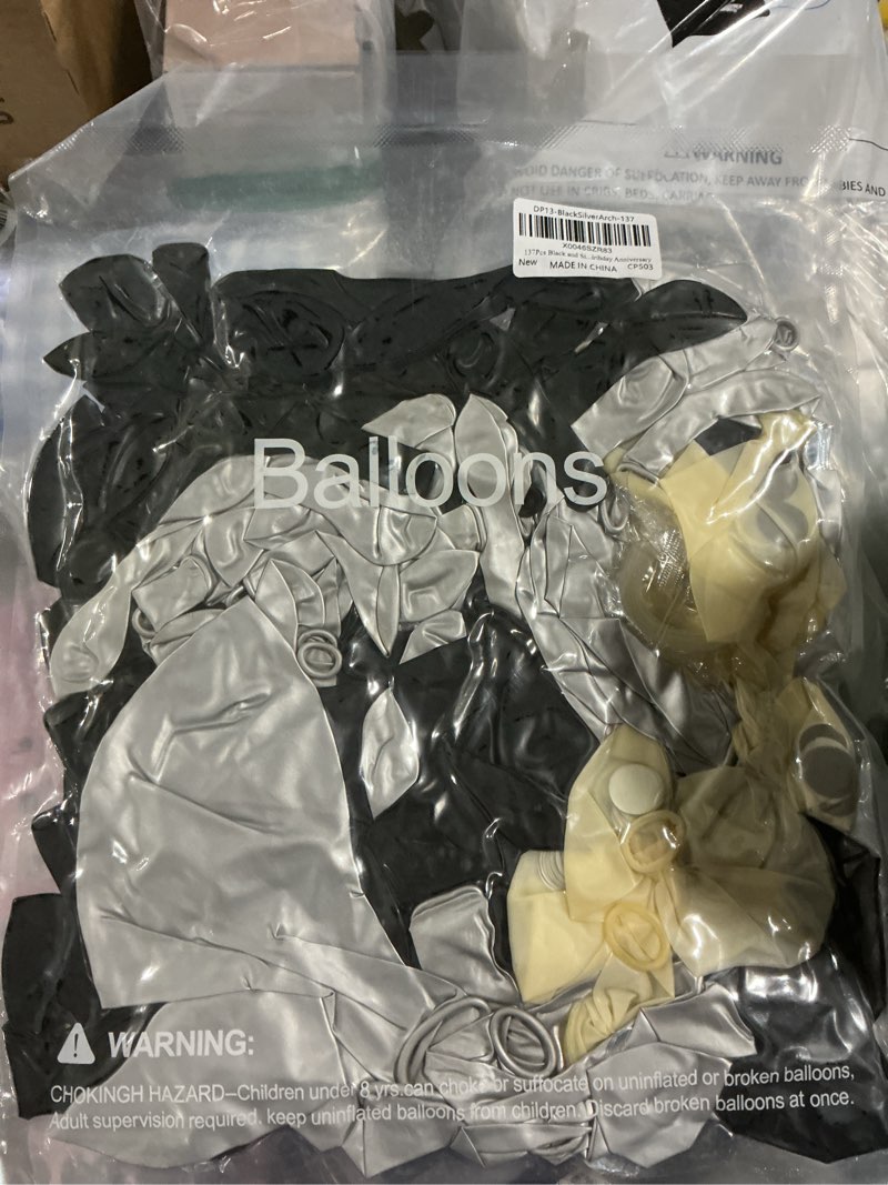Condition photo showing Good Condition for 137pcs black and silver balloons garland arch kit with stars - 5 10 12 18 inch black silver confetti latex party balloons for 2025 graduation retirement birthday anniversary