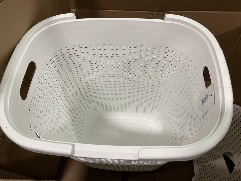 Condition photo showing As Is for Mind Reader Slim Laundry Hamper with Lid, 50L Clothes Basket, Premium Wicker Design, Plastic, White