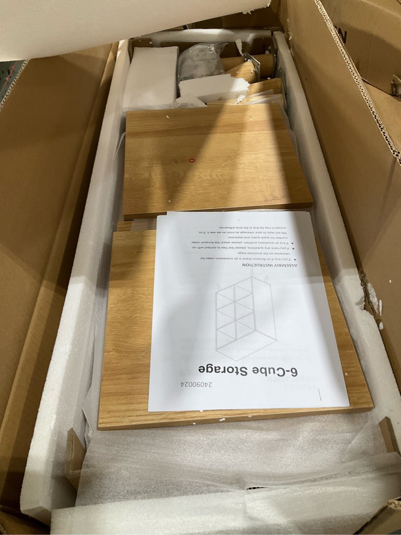 Condition photo showing Good Condition for 6 Cube Storage Organizer with Legs, 3 Tier Cube Low Bookcase Freestanding Storage Display Organizer for Home Office, Six-Cubes Open Shelf Bookshelf (Natural Oak, 6 Cube Vertical) Natural Oak 6 Cube Vertical