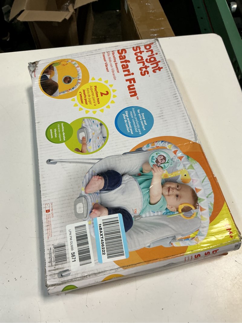 Condition photo showing New/Like New for bright starts baby bouncer soothing vibrations infant seat - removable -toy bar, nonslip feet, 0-6 months up to 20 lbs (safari fun)
