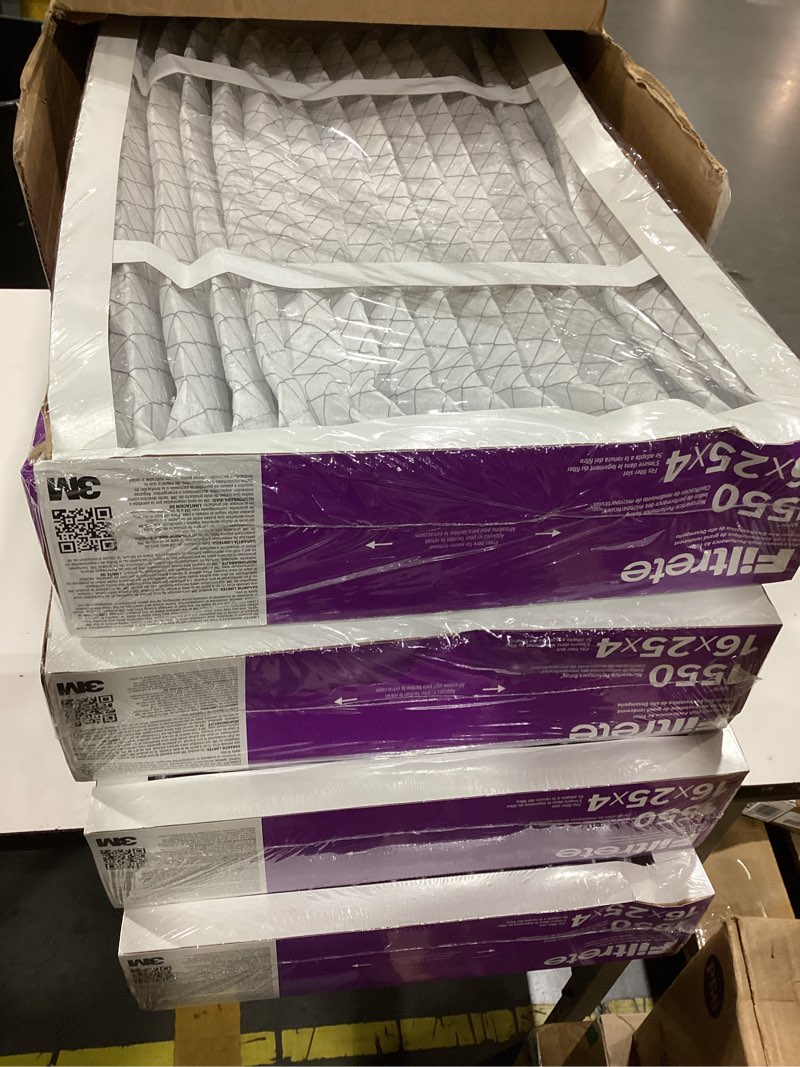 Condition photo showing As Is for filtrete 16x25x4 ac furnace air filter, mpr 1550, merv 12, fits lennox & honeywell, certified asthma & allergy friendly, electrostatic air cleaning filter, 4-pack (actual size 15.88 x 24.56 x 4.31)