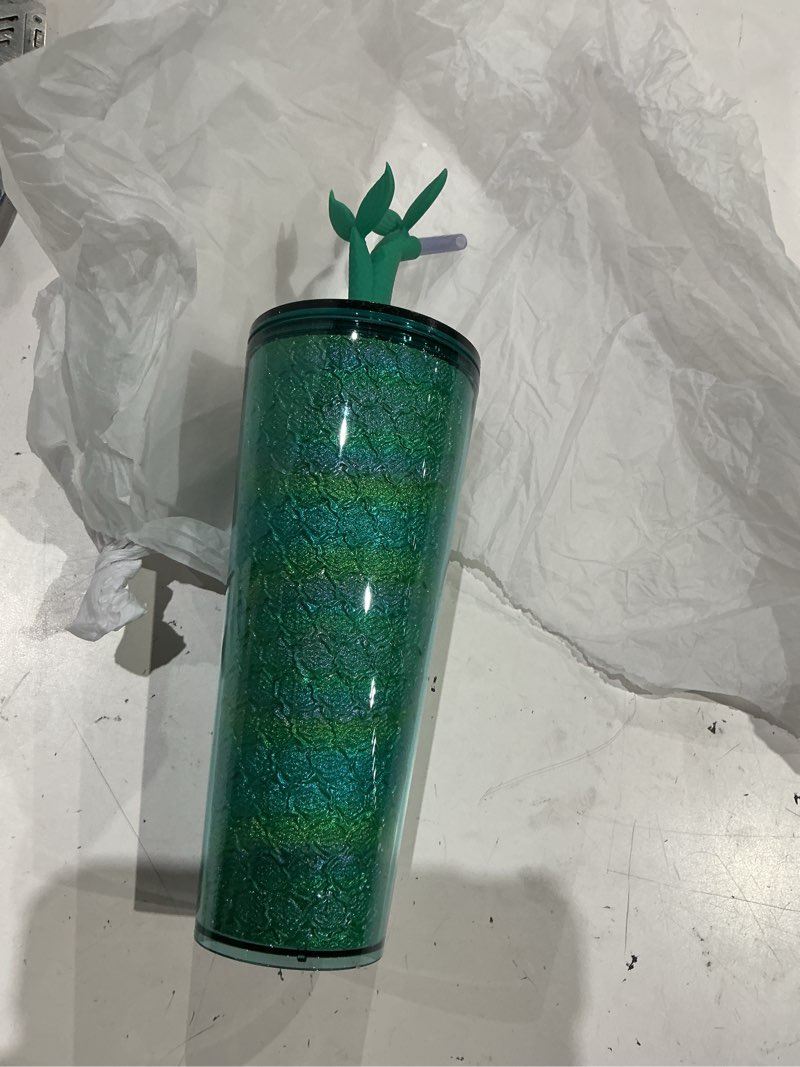 Condition photo showing Good Condition for starbucks spring 2025 - iridescent aqua tumbler + twin mermaid tail straw topper