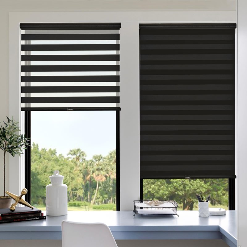 Cordless Zebra Blinds for Windows (30" W X 72" H, Black) Free-Stop Zebra Roller Shades Dual Layer Li