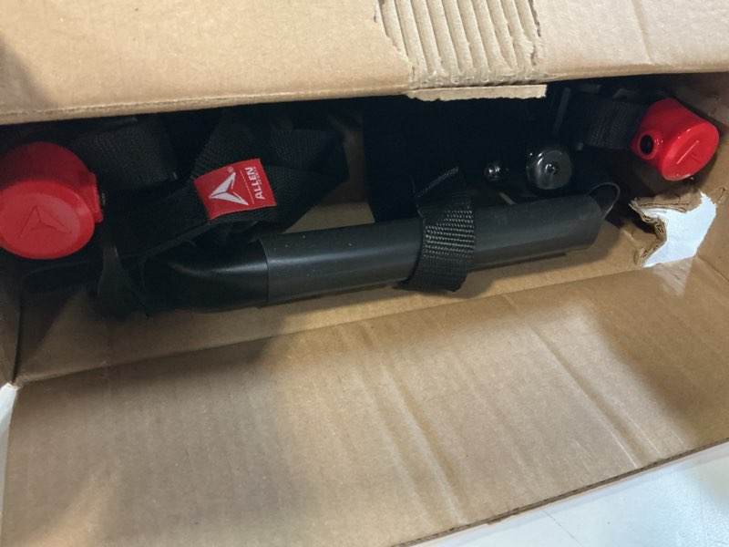 Condition photo showing As Is for allen sports deluxe 2-bike trunk mount rack, model 102dn-r, black 2-bike bike rack red/ black