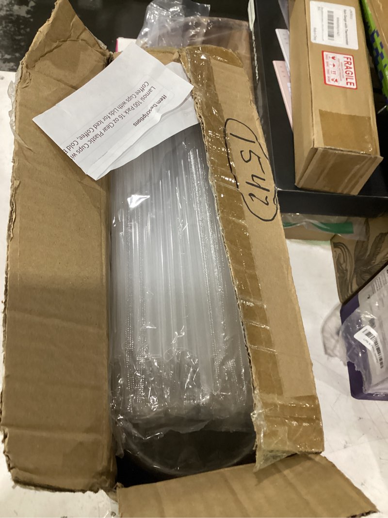 Condition photo showing New/Like New for lamosi 100 pack 16 oz clear plastic cups with lids and straws, disposable plastic coffee cups with lids for iced coffee, cold beverages, smoothies and to-go drinks 16 oz 100