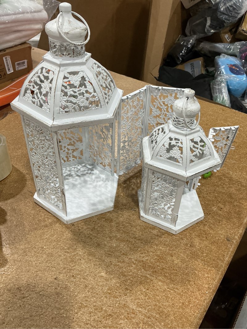 Condition photo showing Good Condition for lanterns decorative outdoor&indoor, set of 2 (15"&7") white metal lantern decor, candle holder for porch, patio, christmas, balcony, wedding, table centerpiece 15"&7"h / set of 2