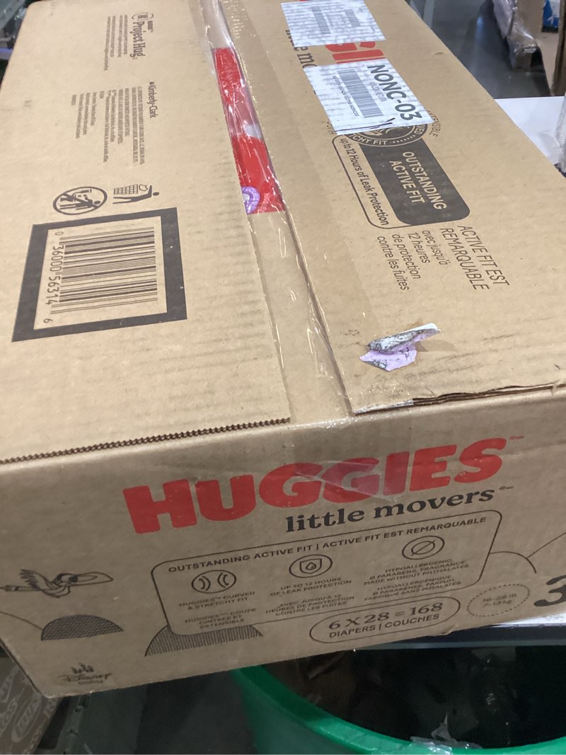 Condition photo showing New/Like New for huggies size 3 diapers, little movers baby diapers, size 3 (16-28 lbs), 168 count (6 packs of 28), packaging may vary