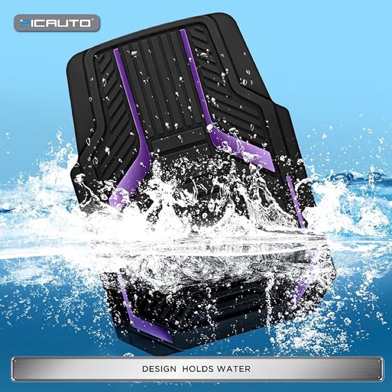 pic auto heavy duty rubber floor mats, purple aluminum film car mats set, front and rear car mats with anti-slip backing, all weather protection