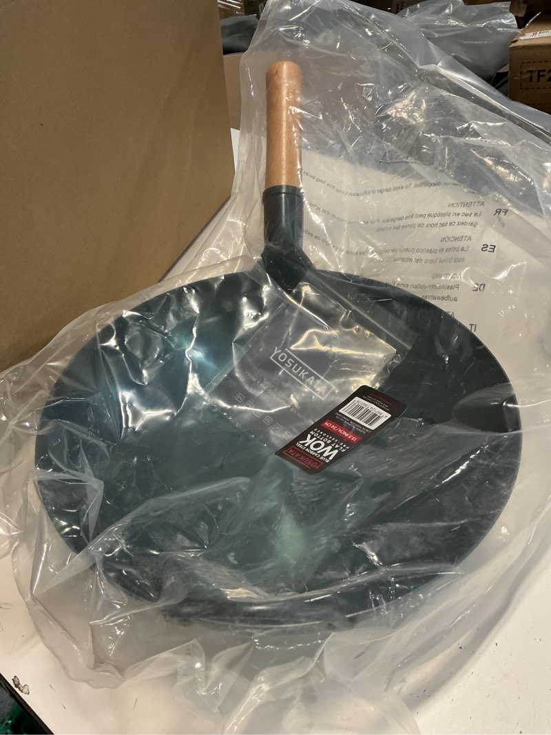 Condition photo showing Good Condition for YOSUKATA 13.5” Blue Carbon Steel Wok Pan – Pre-Seasoned Flat Bottom Wok Compatible with open fire, gas, electric, ceramic, induction cooktops -Traditional Chinese Pan for Stir Fry, BBQ, Grill, Camping