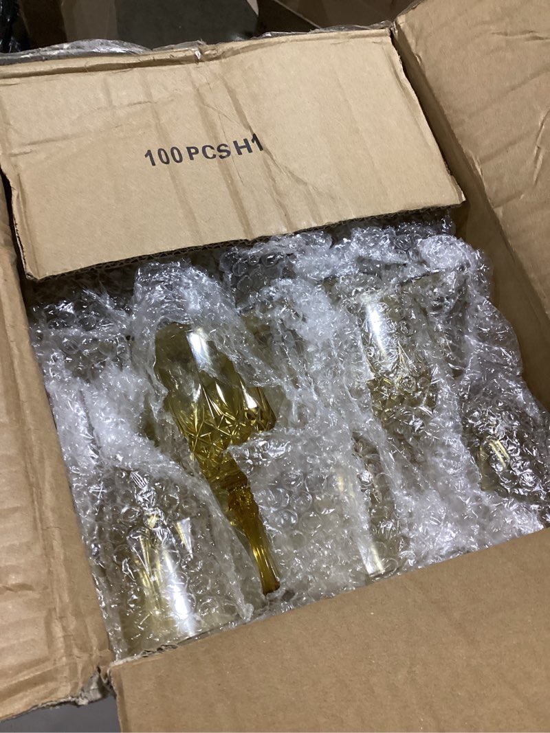 Condition photo showing Good Condition for Plastic Wine Glasses?100PCS Gold Plastic Goblets Vintage Style Cordial Drinking Glasses for Wedding Reception, Grand Event Party Supplies (100, Gold) Gold 100