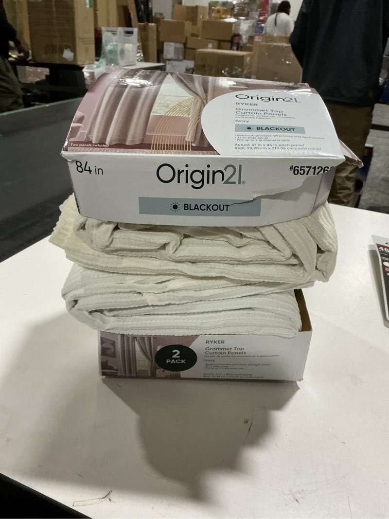 Condition photo showing As Is for Origin 21 84-in Ivory Blackout Interlined Grommet Curtain panel pair