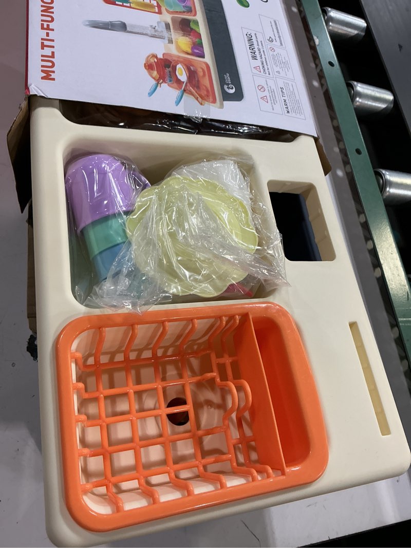 Condition photo showing New/Like New for cute stone pretend play kitchen sink toys with play cooking stove, pot and pan with spray realistic light and sound, dish rack & play cutting food, utensils tableware accessories for kids toddlers play sink with steam