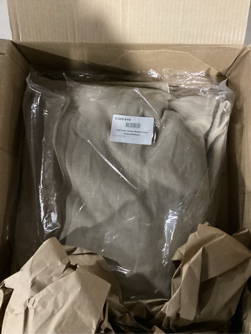 Condition photo showing New/Like New for howard elliott puff chair cushion cover replacement slipcover exclusively made for howard elliott puff chair cushion, 100% polyester fabric (cushion not included), prairie linen natural