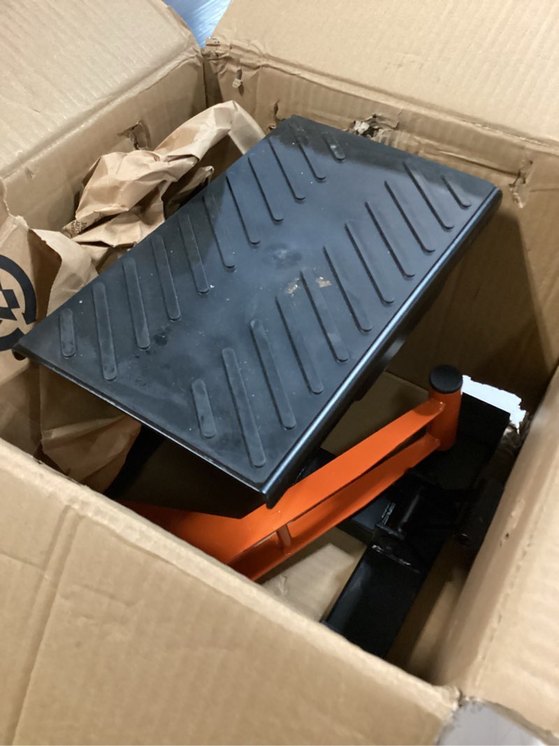 Condition photo showing As Is for VEVOR Dirt Bike Lift Stand, Motorcycle Jack Lift Stand 440 lbs Capacity and Hydraulic Lift Operation, Adjustable Height Hoist Table, for Dirt Pit Bike Repair, Maintenance, Dirt Bike Accessories