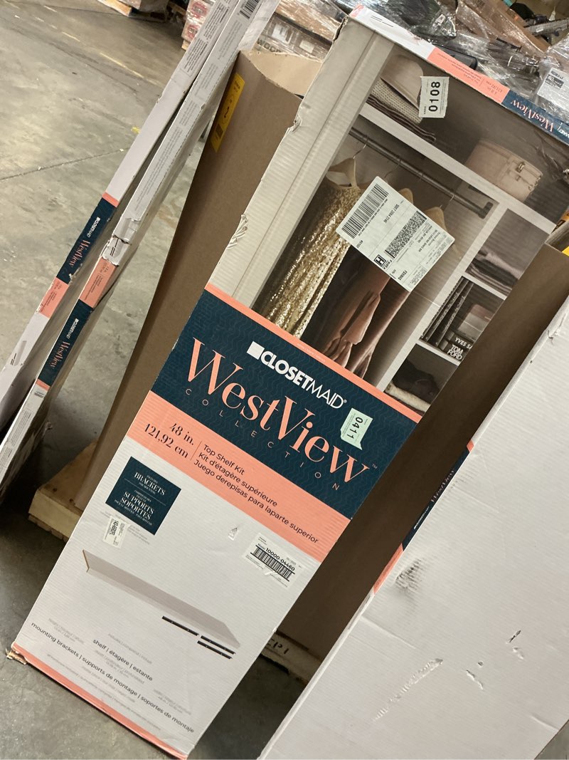 Condition photo showing As Is for closetmaid westview 48-in x 13-in d white solid shelving wood closet shelf kit