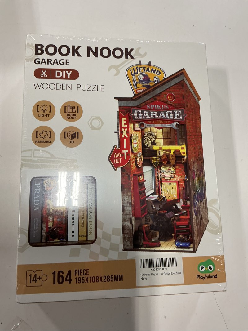 Condition photo showing New/Like New for Garage Book Nook Kit - 3D Wooden Puzzle Miniature Book Nook Kits for Adults Teen, DIY Dollhouse Bookshelf Insert Decor with Sensor LED Light, Gift for Family, Friends