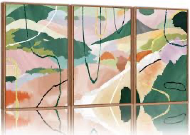 Tinonedraw Colorful Abstract Framed Canvas Wall Art Set of 3 of 24”x16”, Green and Pink Oils Inks Artwork, Neut