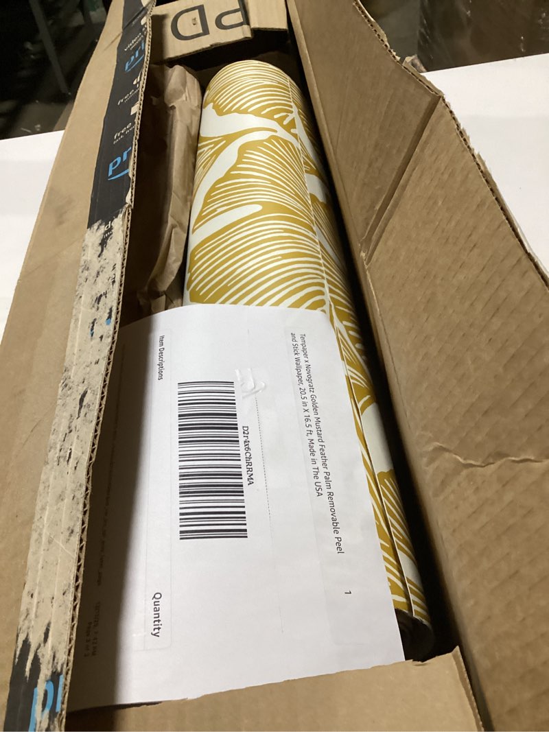 Condition photo showing As Is for Tempaper x Novogratz Golden Mustard Feather Palm Removable Peel and Stick Wallpaper, 20.5 in X 16.5 ft, Made in The USA Golden Mustard 20.5" x 198"