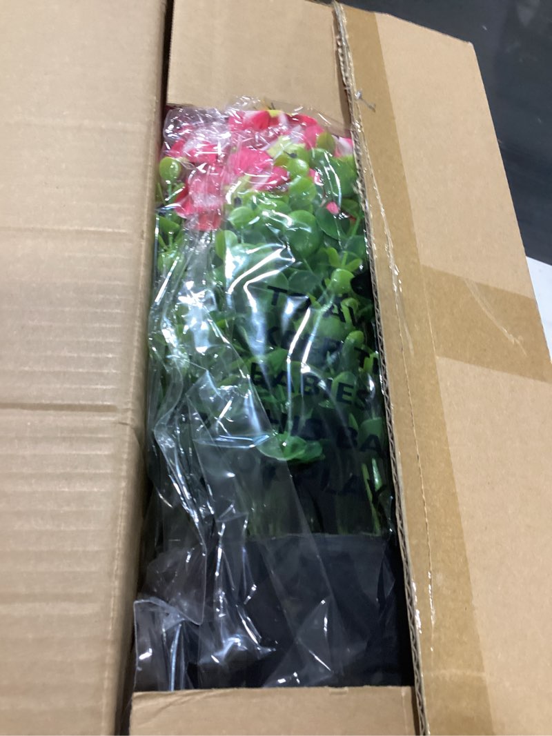Condition photo showing New/Like New for 2 set of artificial morning glory & eucalyptus topiary trees - faux silk flower potted plants, uv-resistant fake outdoor morning glory bushes for front door, yard, farmhouse, garden decor (rose red)