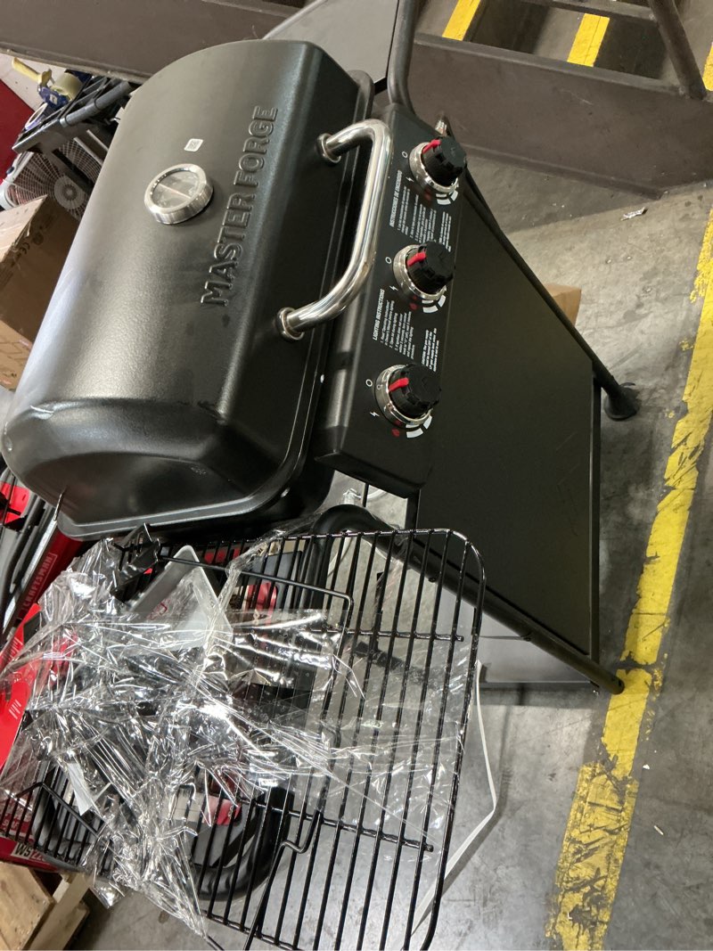 Condition photo showing As Is for master forge large 550-sq.in black 3 -burner liquid propane gas grill
