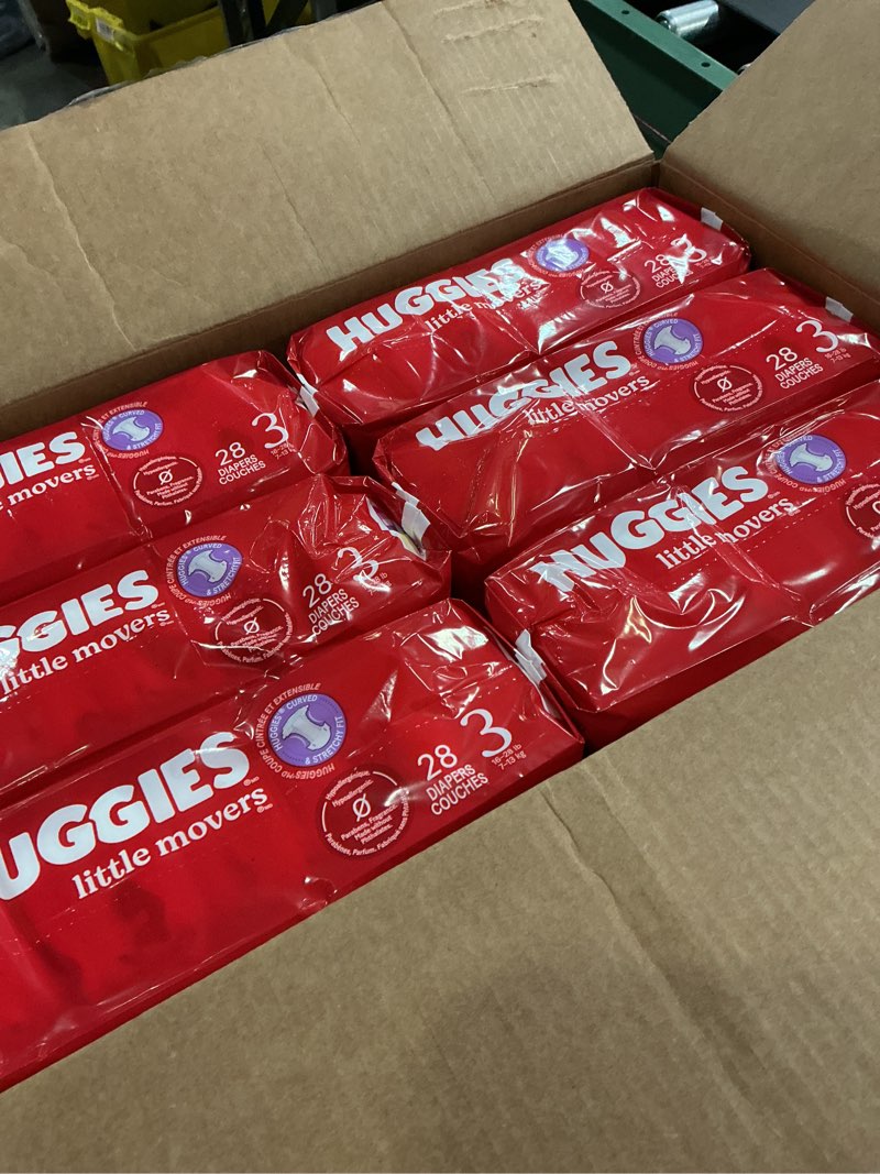 Condition photo showing New/Like New for Huggies Size 3 Diapers, Little Movers Baby Diapers, Size 3 (16-28 lbs), 168 Count (6 Packs of 28), Packaging May Vary Size 3 168