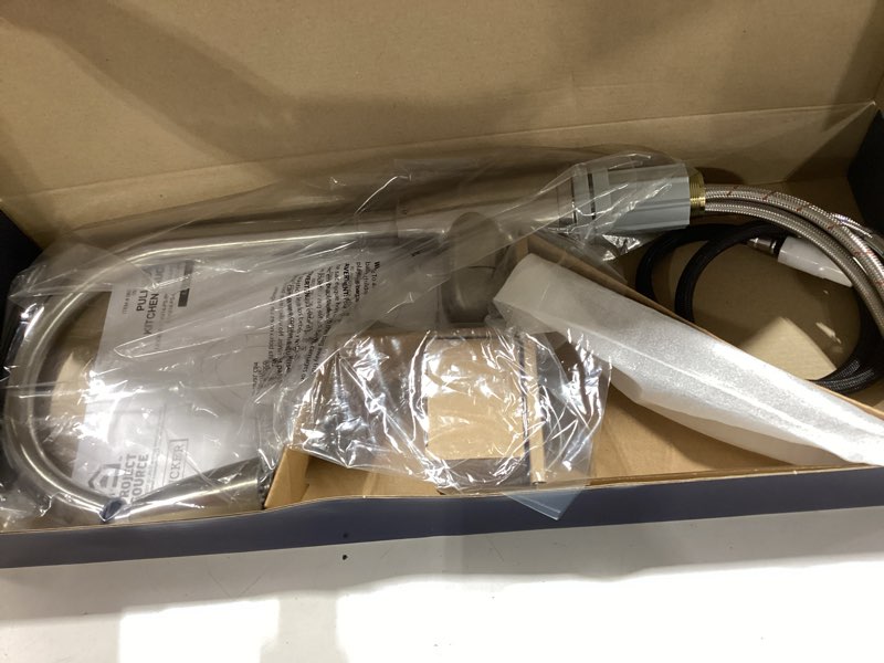 Condition photo showing New/Like New for project source tucker stainless steel single handle pull-down kitchen faucet with sprayer (deck plate included)
