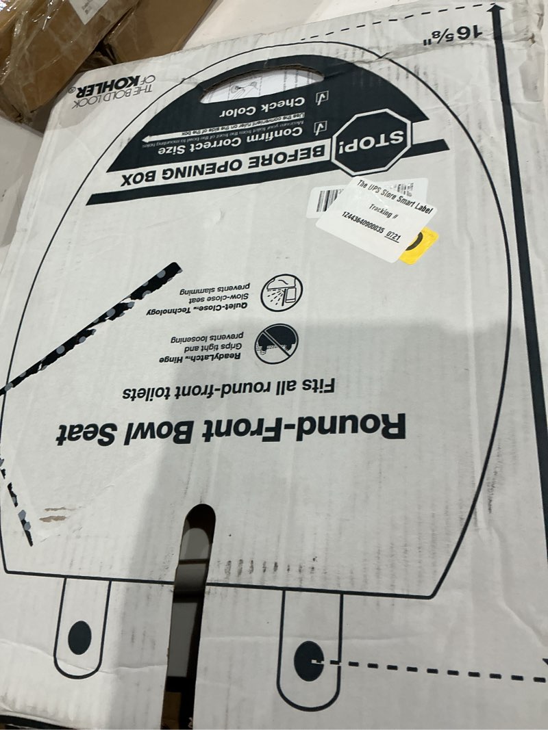 Condition photo showing As Is for kohler k-27332-0 glissade readylatch quiet close round toilet seat, white, grip-tight hardware, quiet close lid prevents slamming white round