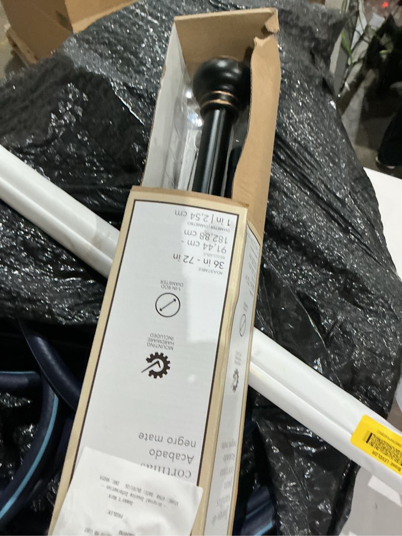 Condition photo showing As Is for allen + roth 36-in to 72-in matte black steel single curtain rod
