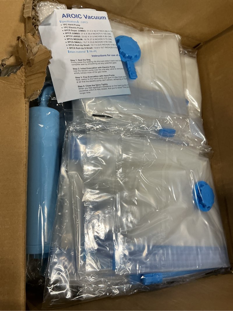 Condition photo showing New/Like New for AROIC 50 Pack Vacuum Storage Bags Set - Space Saver Vacuum Bags for Clothing, Blankets, Seasonal Storage with Electric Pump, Vacuum Sealer Bags for Luggage, Travel Essentials, Bedding