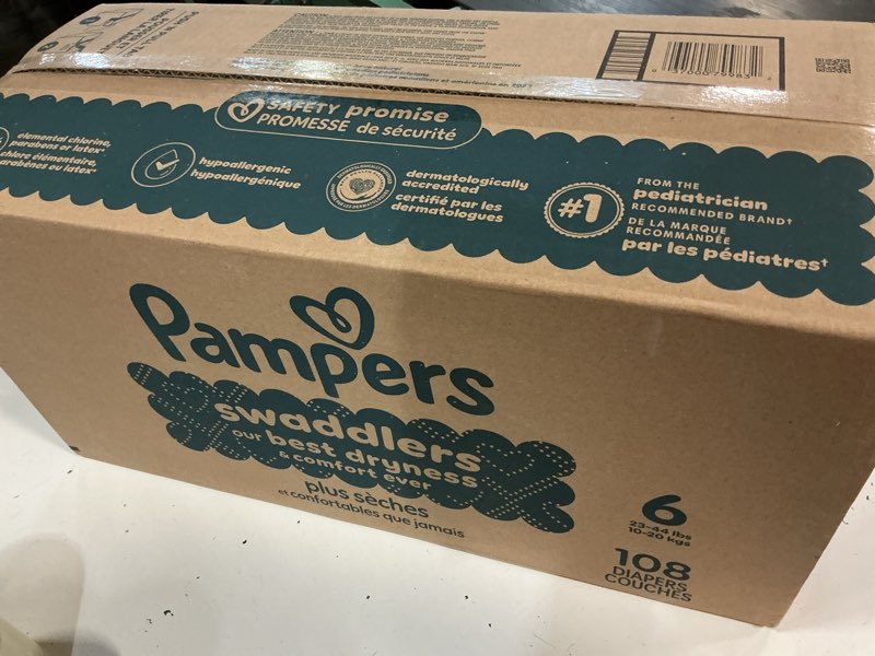 Condition photo showing New/Like New for pampers swaddlers diapers, size 6 (23-44 lbs), 108 count, absorbent, keeps baby dry and comfortable, skin safe disposable baby diaper (packaging may vary) size 6 108