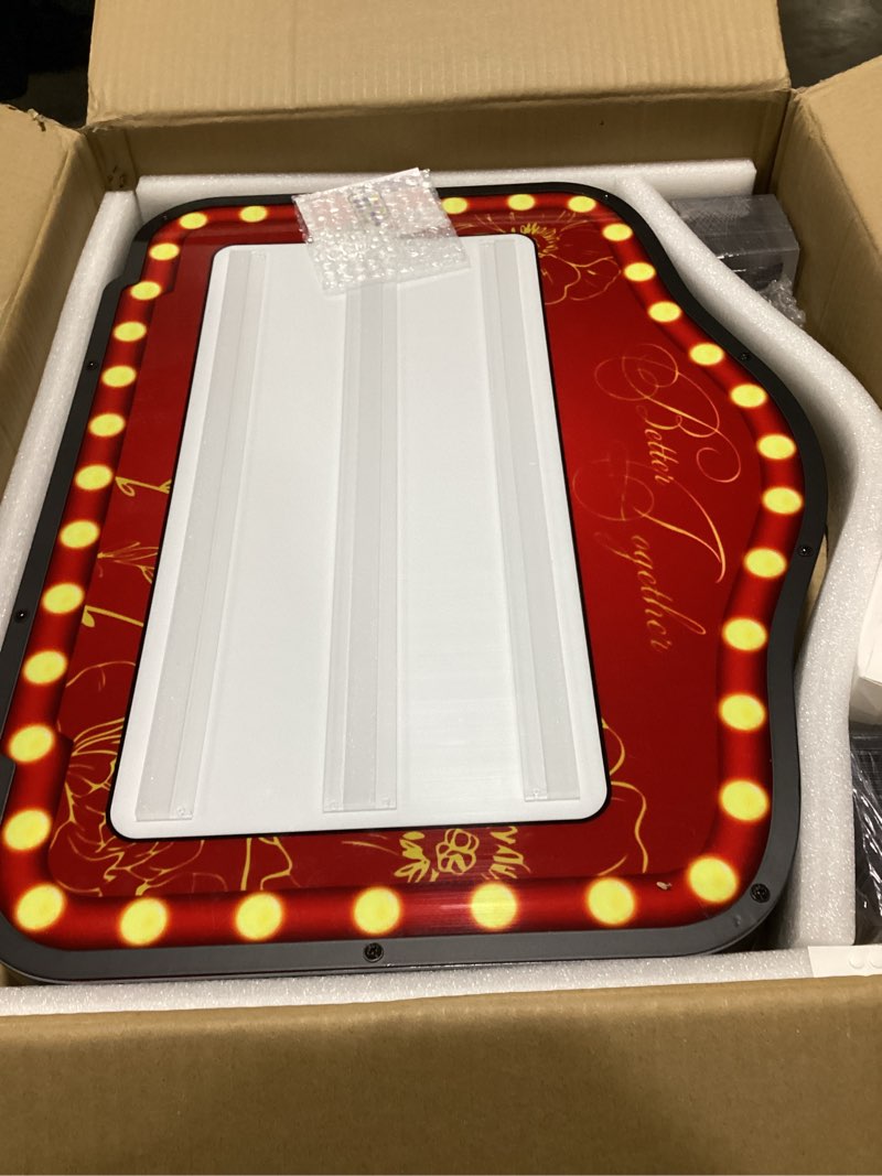 Condition photo showing As Is for bottle service lights, custom wedding sign, cinema light box with 4 sets letters & 1 numbers kit, hand holding bottle girl sign for wedding party