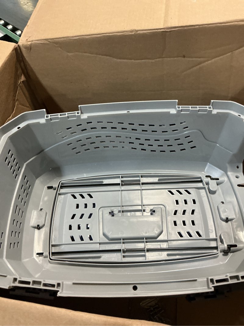 Condition photo showing As Is for amazon basics sturdy portable 2-door top-load hard-sided pet travel carrier with secure ventilation, handle, front & top entry for dogs, cats, 22.8"l x 15"w x 13"h, gray & blue gray & blue 22.8"l x 15.0"w x 13.0"h