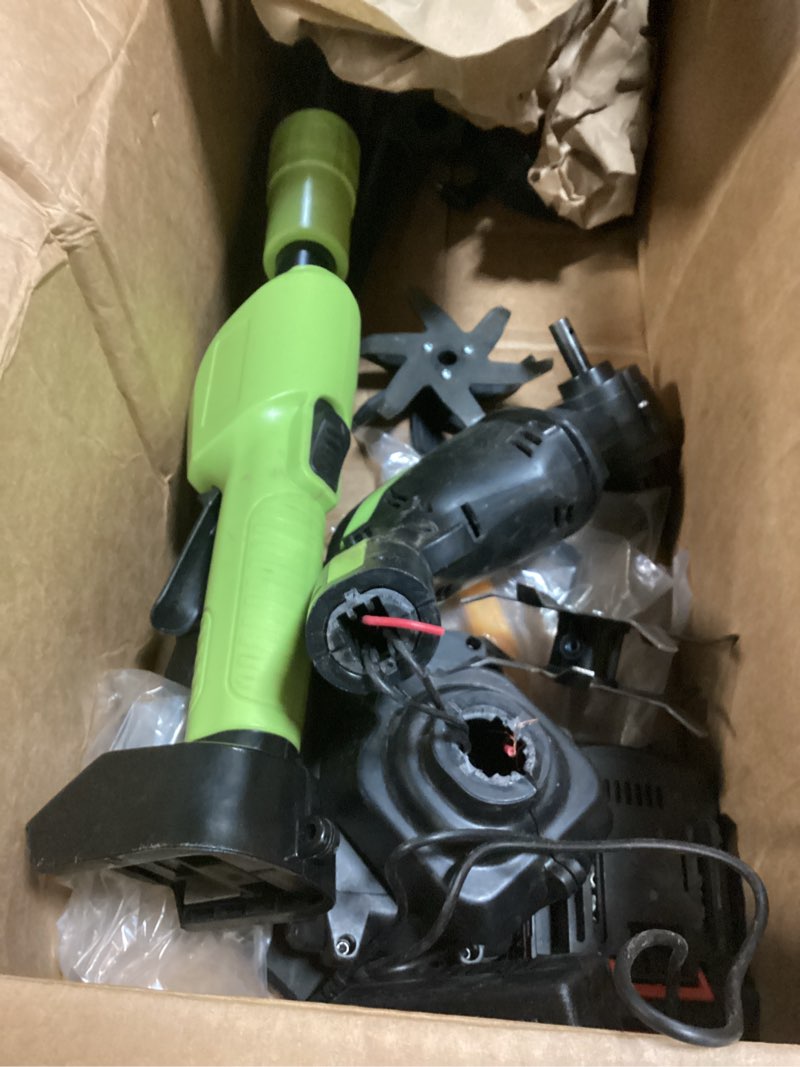 Condition photo showing As Is for 21v handheld tiller cultivator – 235 rpm with 2 batteries