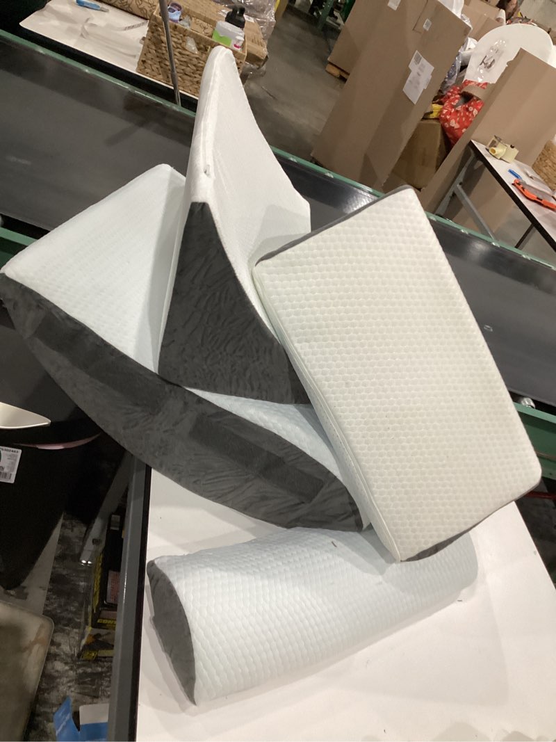 Condition photo showing As Is for 4pcs wedge pillow set for after surgery, orthopedic bed wedge pillow for back pain relief, sitting up in bed, acid reflux, adjustable post surgery pillows for gerd, snoring, white/grey