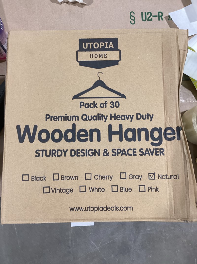 Condition photo showing New/Like New for Utopia Home Premium Wooden Hangers 30 Pack - Durable & Slim Coat Hanger - Suit Hanger with 360-Degree Rotatable Hook - Wood Hangers with Shoulder Grooves (Natural Color)