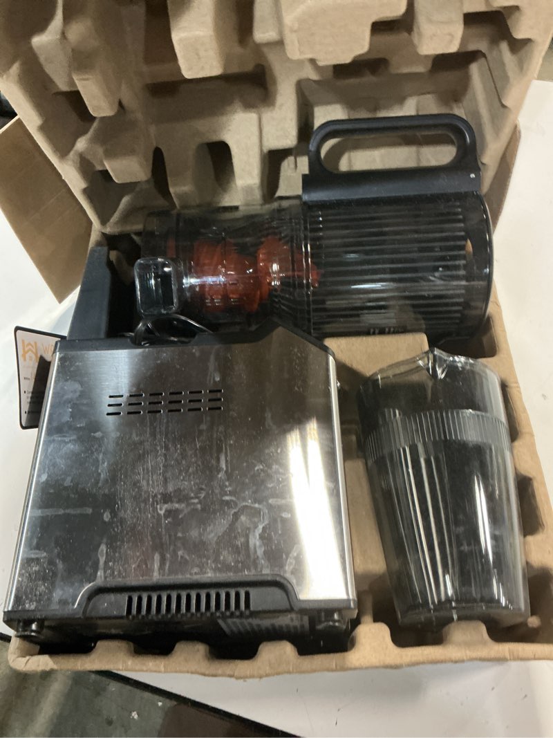 Condition photo showing As Is for cold press juicer, wide feed chute juicer machines, stainless steel slow masticating juicers easy to clean, vegetables & fruits juice extractor, high juice yield, platinum color knob