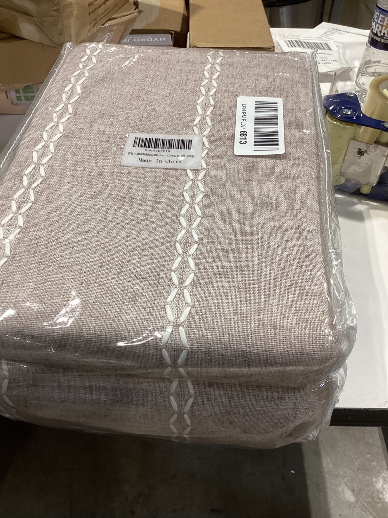 Condition photo showing New/Like New for brown boho blackout curtains 2 panels 84 inch for living room bedroom, warm taupe linen texture farmhouse curtains with tassels and white cotton embroidery vintage rustic country western brown 52"w x 84"l (pack of 2)