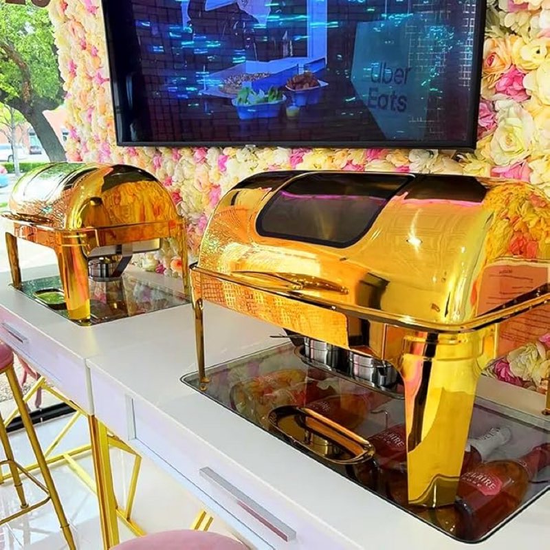 9 Quart Gold Stainless Steel Chafing Dish Buffet Set, Roll Top Rectangular Buffet Servers and Warmers Set Warming Tray, Chafer with Glass Window for Wedding, Parties, Catering?1pcs?