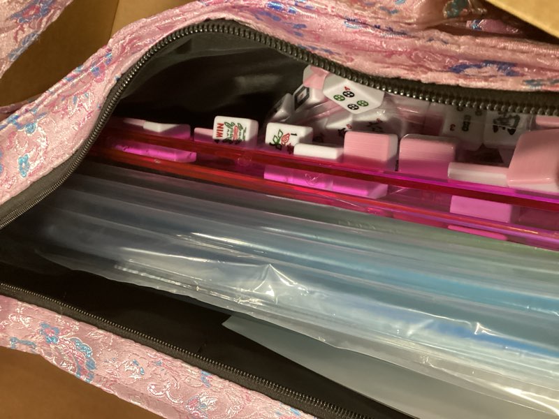 Condition photo showing Good Condition for American Mahjong Game Set, 166 Pink Tiles, Pink Bag and Entire Accessories, 4 All-in-One Rack/Pushers, Mahjong Tiles Set