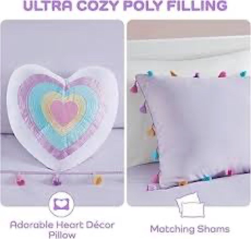 intelligent design kids twin comforter set, fun multi-colors tassel comforter for twin size bed, all season children bedding girls bed set 3 piece, matching sham & décor pillow, tessa, twin, lavender