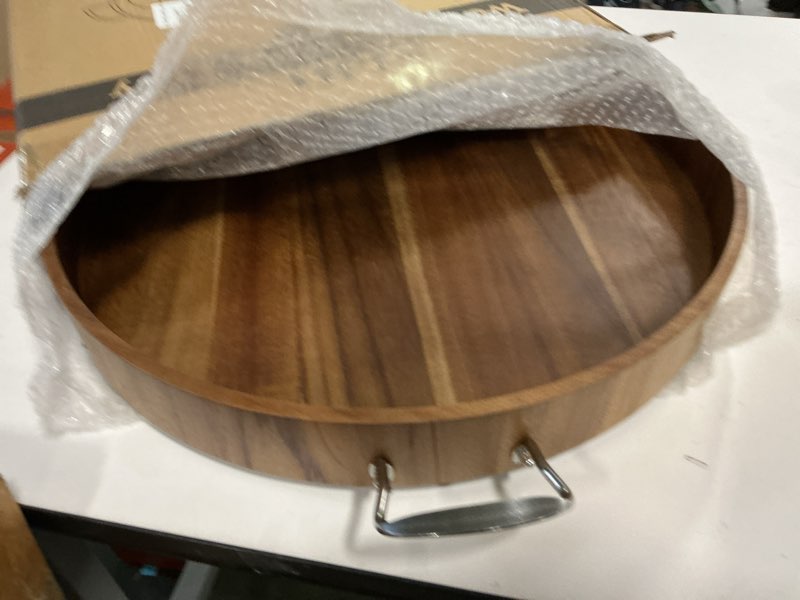 Condition photo showing Good Condition for Ottoman Tray with Handles, 20 Inch Round Ottoman Tray Large Trays for Ottomans Wooden Serving Tray Decorative Trays for Living Room, Party, Breakfast, Drinks, Snacks, Appetizers