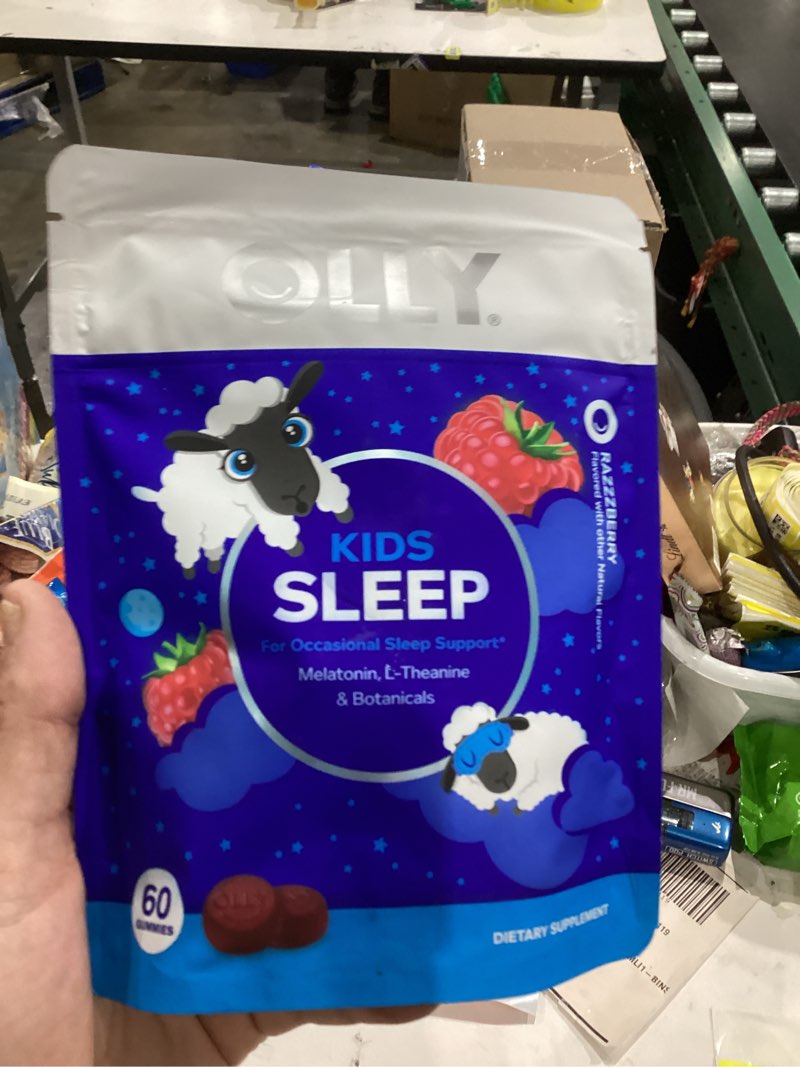 Condition photo showing New/Like New for OLLY Kids Sleep Gummy, 0.5mg Melatonin, L Theanine, Chamomile, and Lemon Balm, Childrens Chewable Supplement, Occasional Sleep Support, Raspberry - 60 Count Pouch 60 Count (Pack of 1)
