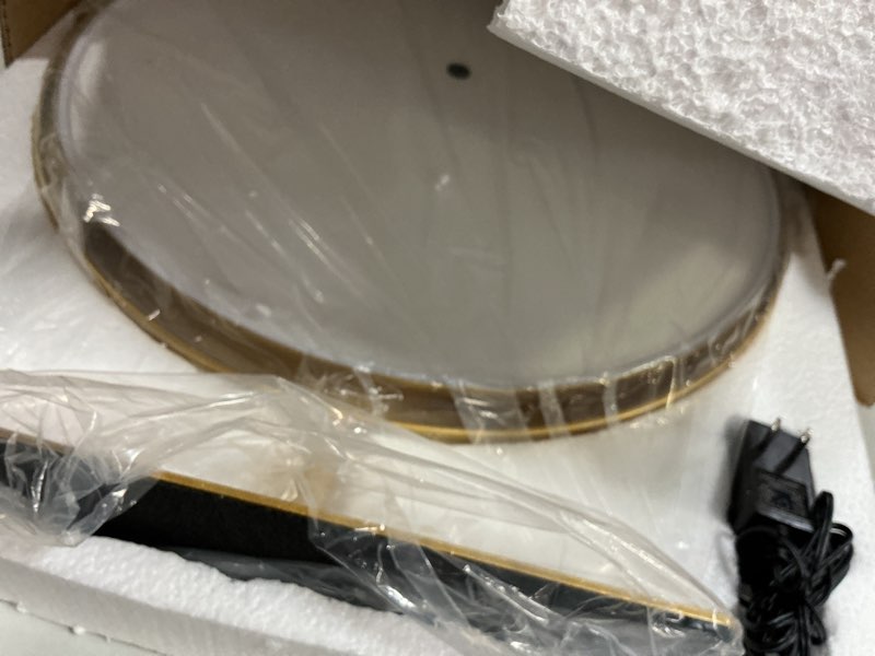 Condition photo showing As Is for 15.8-inch round makeup mirror with lights, 360° rotating led three-color lights with adjustable brightness. desktop vanity mirror (gold). golden