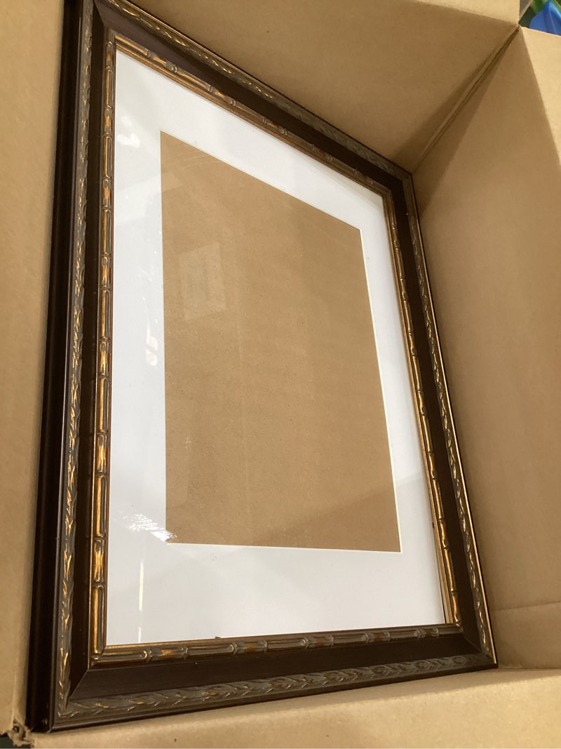 Condition photo showing As Is for yaetm 12x16 vintage picture frame, ornate antique bronze 12x16 frame with real glass, 1.4-inch wide molding, white mat for 9x12 photo - portrait/landscape, wall mount (brown/gold, single) 12x16 - 1 pack antique bronze & brown