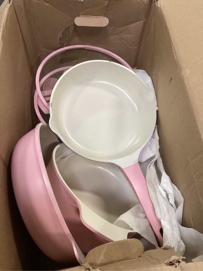 Condition photo showing As Is for Paris Hilton Ceramic Nonstick Cookware Set, Cast Aluminum with Dual Layer Nonstick Coating, Gold Heart Knobs, Stay-Cool Handles, Made without PFAS, PFOA, PFOS & PTFE, Dishwasher Safe, 10-Piece, Pink 10-Piece Pink