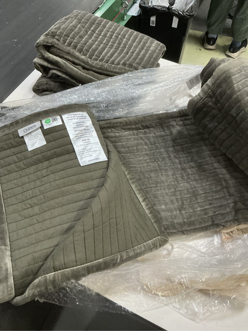 Condition photo showing Good Condition for quince cotton velvet channel quilt set features plush fabric with hand-stitched vertical lines king/cal king moss